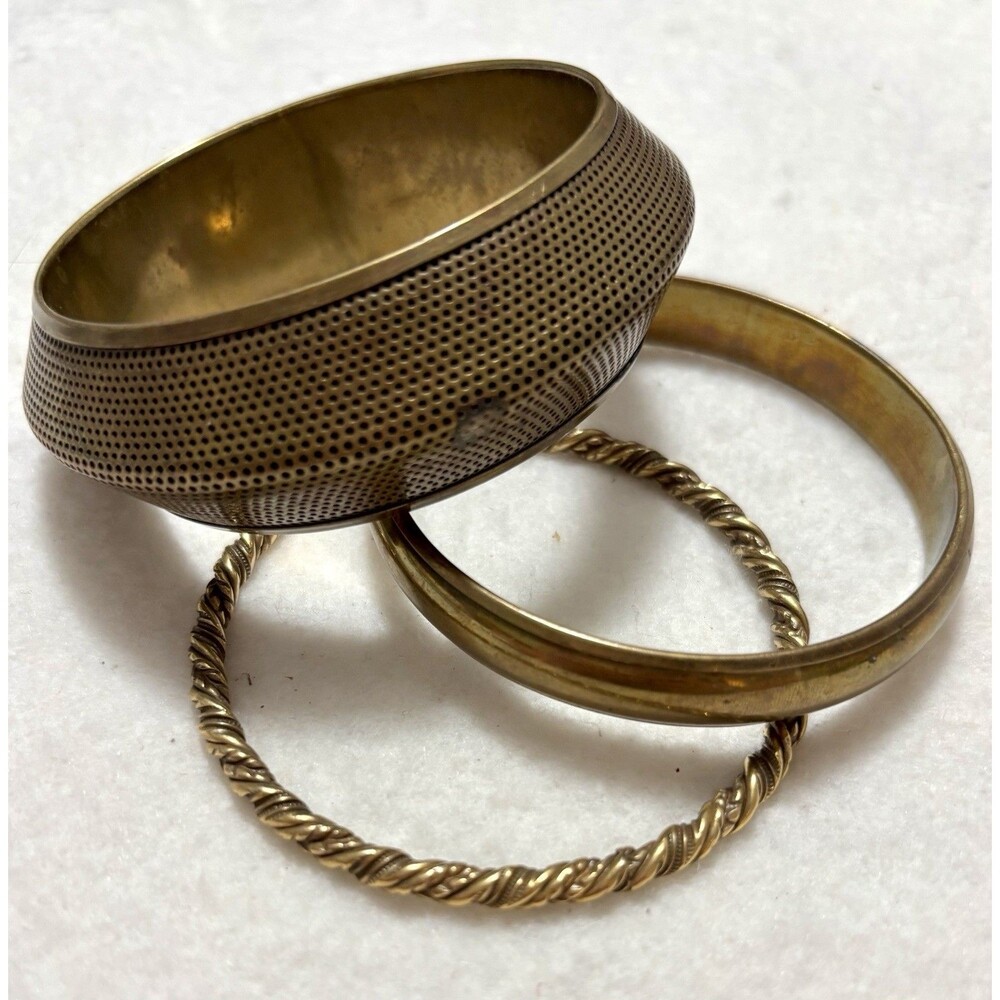 Vintage Brass Bangle Bracelet Lot 3 Wide Perforated Rope Boho Statement Stack